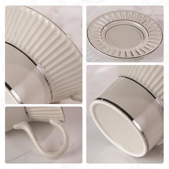 KAMMAK Tea Cups and Saucers Set of 2, 6.7oz Porcelain Coffee Cups with Saucers, Ceramic Espresso Mugs for Coffee, Latte, Americano, Tea, UN Teacup and Saucer (YFH6+7)