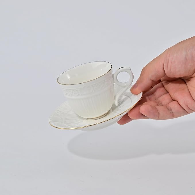3 Ounce Porcelain Espresso Coffee Cups & Saucers Set, Handcraft Golden Trim, Set of 6