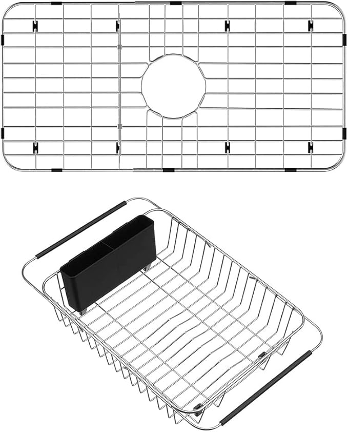 SANNO Expandable Dish Drying Rack Over The Sink Dish Drainer Kitchen Sink Grate Sink Protector for Kitchen Sink, Stainless Steel