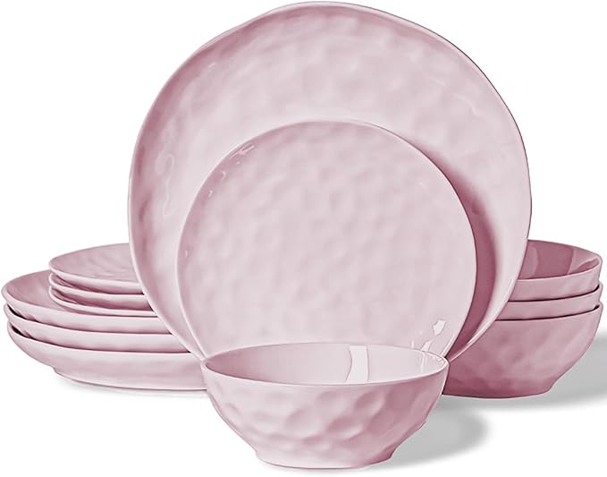 HOMBENE Plates and Bowls Sets, Dinnerware Set 12 Piece Service Porcelain Dinnerware for 4, for Dessert Salad and Pasta, Sakura Pink Dishes