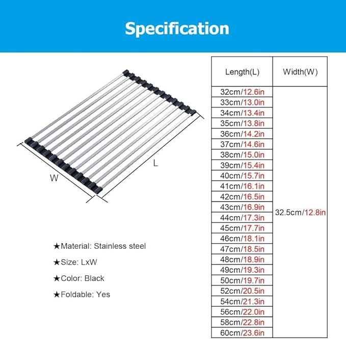 Roll Up Over The Sink Dish Drying Rack, 32-60CM Multipurpose Foldable Sink Cutting Board Dish Rack Mat for Kitchen Counter RV Camper Accessories Travel Trailer(Black,L 49cm/19.3in)
