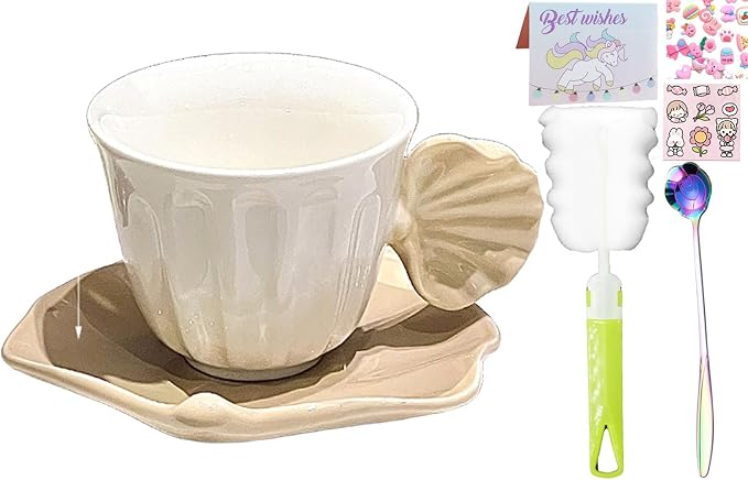 Pearl Shell Ceramic Coffee Mug with Shell Coaster Set for Tea Latte Milk Cute Cup with Saucer for Home Office Women Gift 6.5 oz (Milk coffee S, 270 ml)