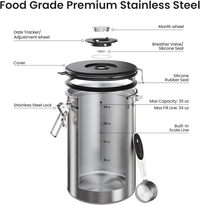 Veken Coffee Canister, 39OZ Large, Airtight Stainless Steel Food Storage Container for 2.2lbs Coffee Beans, Ground, Sugar, Tea, Flour, Cereal, Kitchen Bar Accessories with Date Tracker & Scoop, Silver