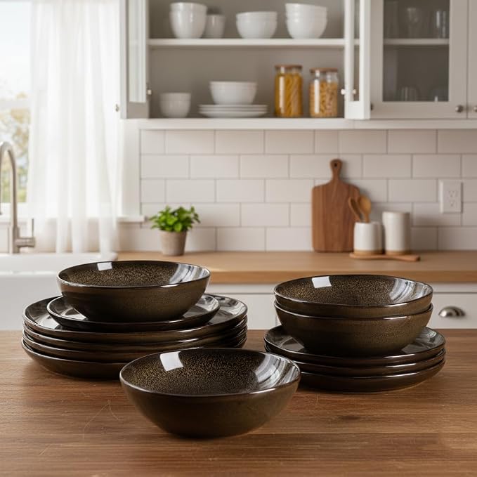 AmorArc Ceramic Dinnerware Sets,Handmade Reactive Glaze Stoneware Plates and Bowls Sets,Highly Scratch Resistant | Dishwasher & Microwave Safe Dishes Set,Service for 4 (12pc)