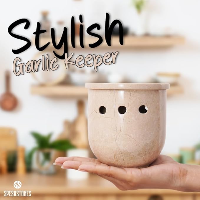 Marble Garlic Keeper 4.5 Inch Beige Handmade Garlic Holder for Counter & Fresh Garlic Cloves, Storage Container for Gifts, Garlic Saver for Kitchen Countertop Decor