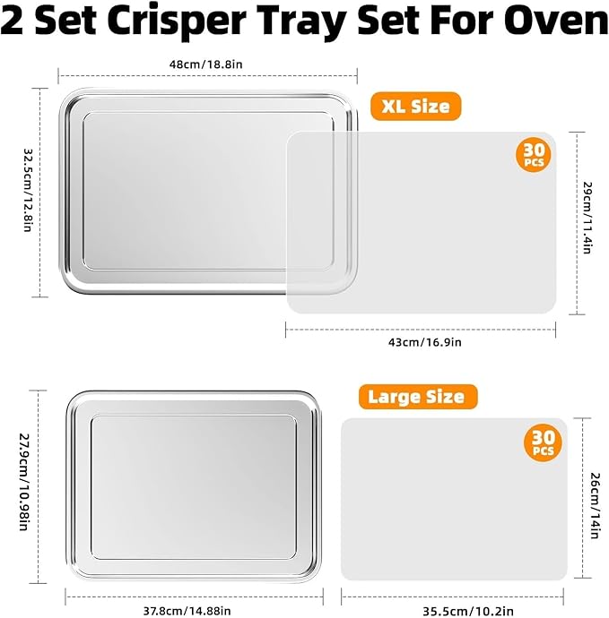 Air Fryer Basket, 2 Set Air Fryer Pans and Tray for Oven with 60 PCS Parchment Papers, DEGOVIN Non-stick Stainless Steel Oven Air Fryer Basket and Tray-18.8" x 12.8"Extra Large &14.88"×10.98"Large