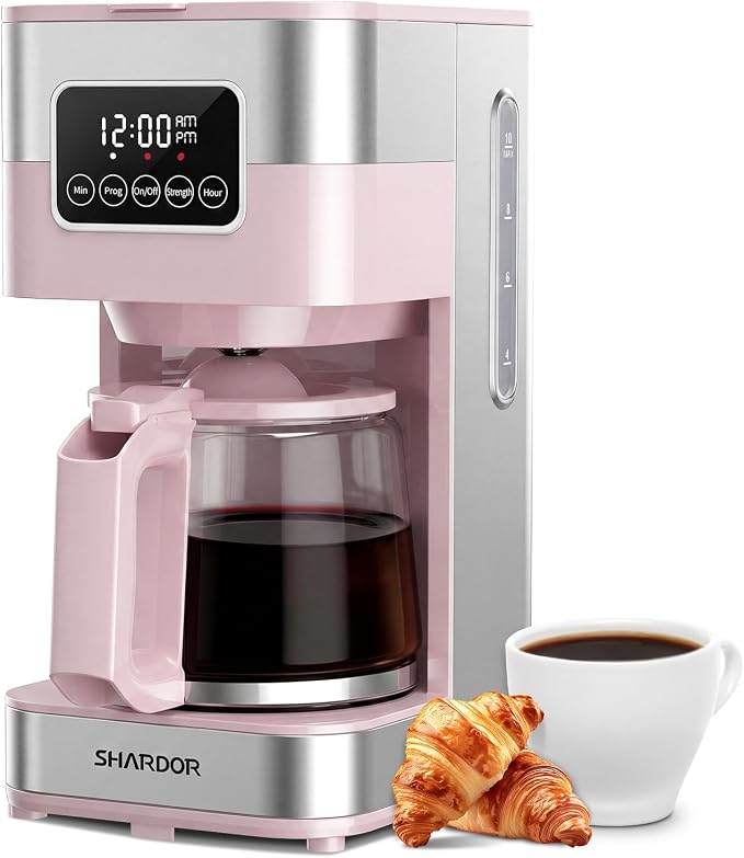 SHARDOR 10-Cup Programmable Coffee Maker, Regular & Strong Brew Drip Coffee Machine for Home and Office, Auto Shut Off, Permanent Filter (pink)
