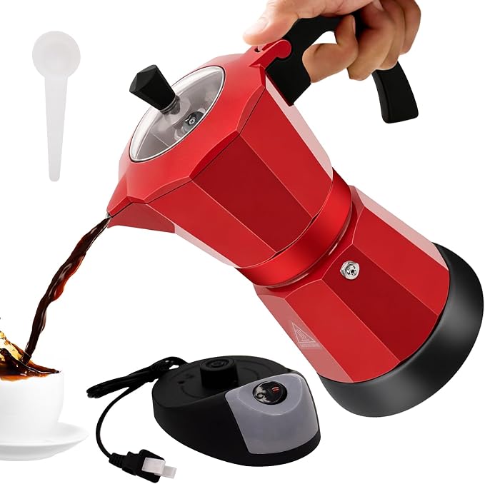 Electric Aluminum Moka Pot 3-6 Cup 150-270ml Espresso Maker with Detachable Base Ideal Coffee Makers for Home MochaPot Italian and Cuban Café Coffeemaker Espressomaker CoffeePot Red