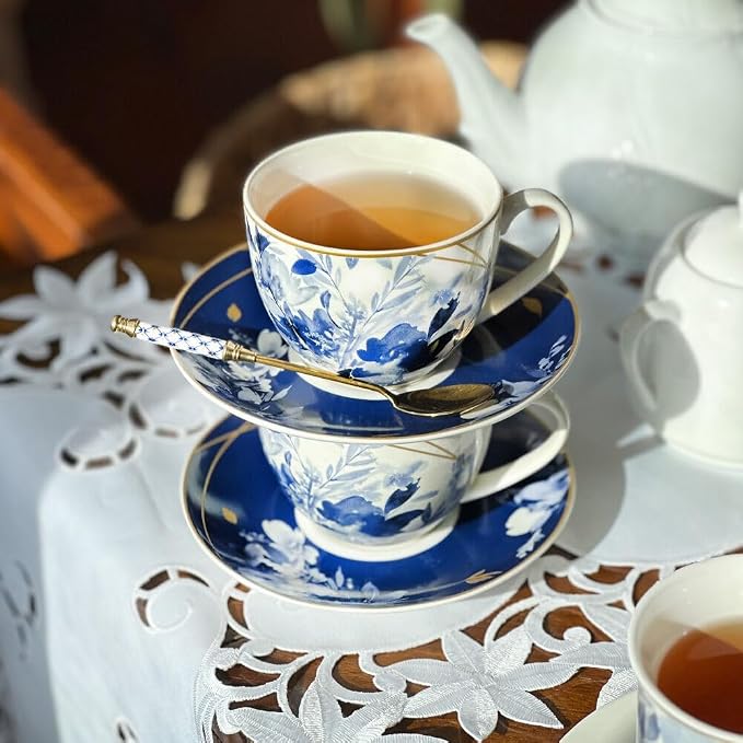STP GOODS Teacup & Saucer Set of 4, Coffee Cups, Coffee Mugs, Espresso Cups, Tea Cup Set with Saucer, Latte and as a Gift (Mizuki)