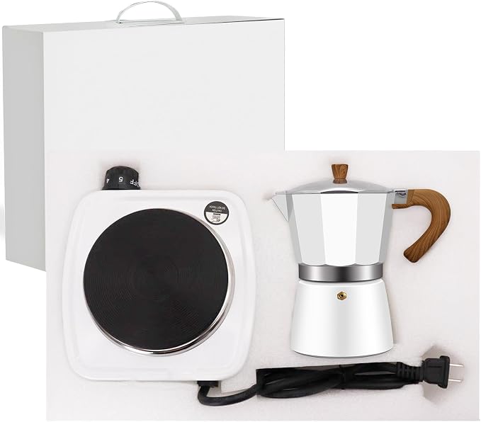 2-in-1 Aluminum Moka Pot Set with Electric Stove Classic Stovetop Espresso Coffee Maker 150ml 5oz Mocha Express Portable Gift Camping Travel Preferred Cafe Italian Cuban Café Brewing 3 Cup