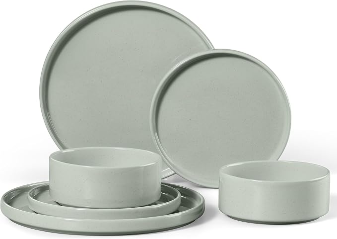 E-far 6-Piece Stoneware Dinnerware Sets, Plates and Bowls Set for 2, Kitchen Modern Dishes Set for Everyday & Formal, Chip and Scratch Resistant, Microwave & Dishwasher Safe, Speckled Green