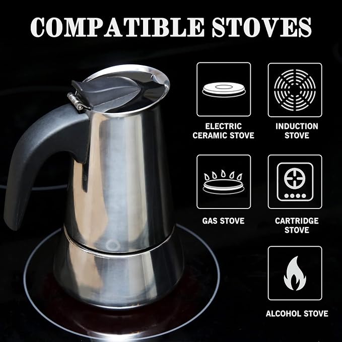 Stainless Steel Stovetop Moka Pot Espresso Maker Percolator 12 Cup 600ml Portable Italian Greca Cuban Coffee Maker for Big Family Home Office Camping, Work with Gas Electric Ceramic Stovetop