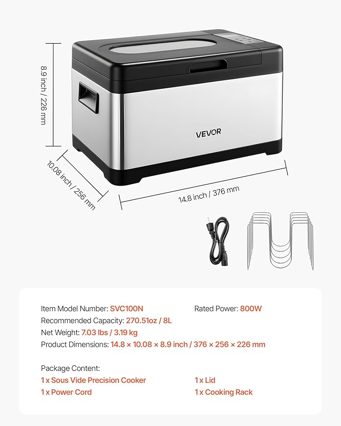 VEVOR Sous Vide Cooker, 800W Sous-Vide Machine, Suveed Cooking Machine with LED Digital Display, Glass Lid, Precise Temperature & Timer Control, for Family & Friends, All-in-One Sous Vide Pot