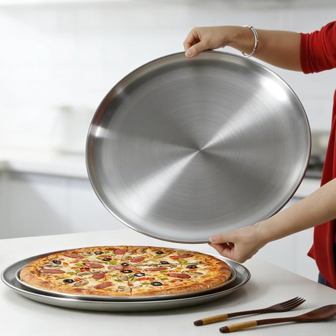 17.7 Inch Pizza Pan for Oven 2 Pack Stainless Steel Baking Sheet Round Plates for Cake Pie and Salad Pizza Steel Large Tray Oven Dishwasher Safe & Easy Clean