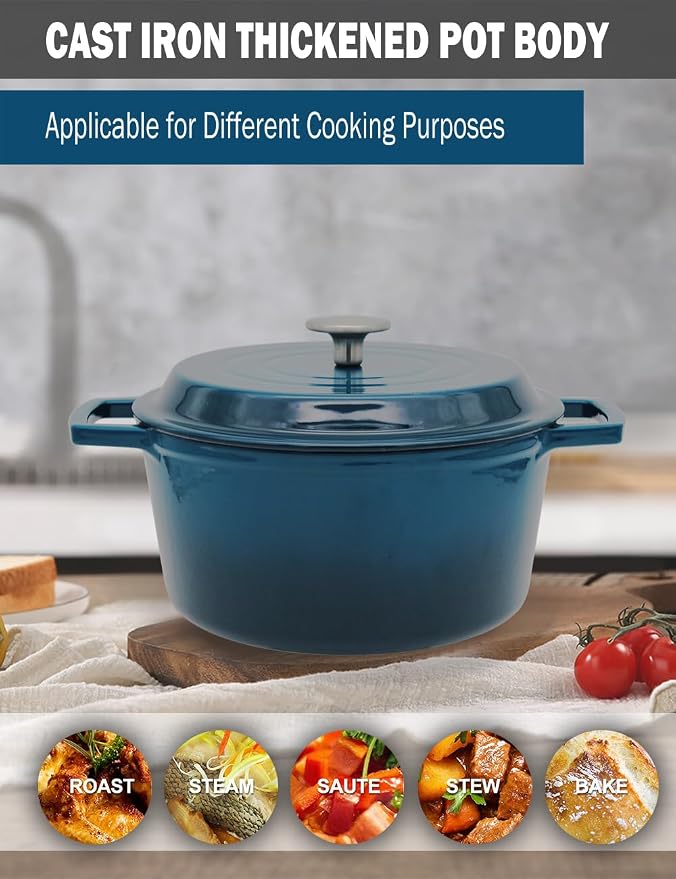 4.2 Quart Cast Iron Dutch Oven with Lid - Enameled Non-Stick Interior, Oven Safe to 500°F, Multi-Stovetop Compatible - Navy Blue