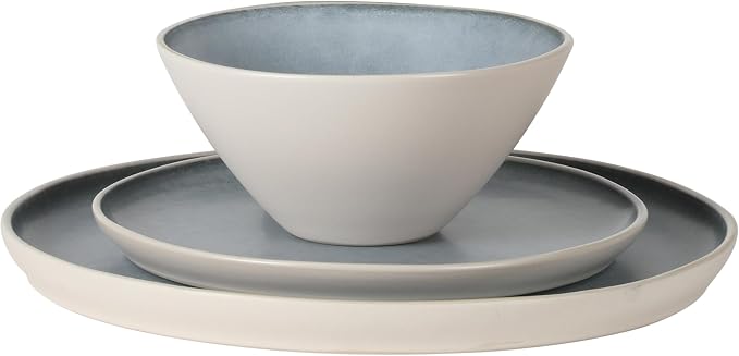 Gibson Elite Coastal Forest Plates and Bowls Sets, 12-Piece Stoneware Dinnerware Sets, Triple Reactive Glaze Dish Set - Blue and Cream White