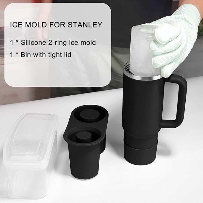 Ice Mold for Stanley Cup, Silicone Ice Cube Tray for Stanley Cup 30oz-40oz, Tumbler Ice Mold with Lid and Bin, Easy Release Cylinder Ice Cube Mold, 1 Pack, Black