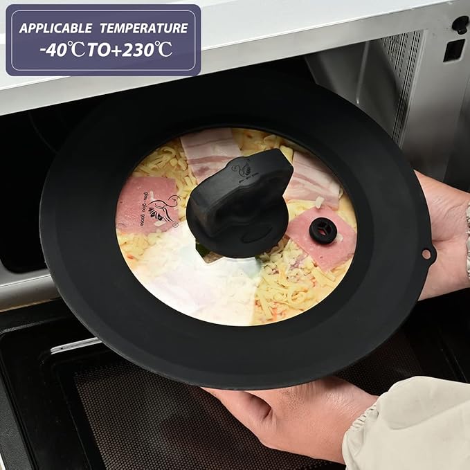 Vented Tempered Glass Universal Lid for Pot Pan Skillet with Heat Resistant Silicone Rim Microwave Splatter Lid Cover Microwave Safe Fit 6.5" 7" 7.5" Cookware, Dishwasher Safe Black