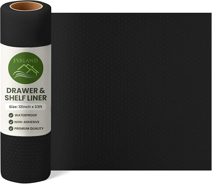 EVALAND Shelf Liners for Kitchen Cabinets Non-Adhesive 12" x 33 FT Black Drawer Liner Non Slip, Washable Cabinet Liner, Waterproof Shelf Liners for Cabinets, Refrigerator Bathroom Pantry - Thickened
