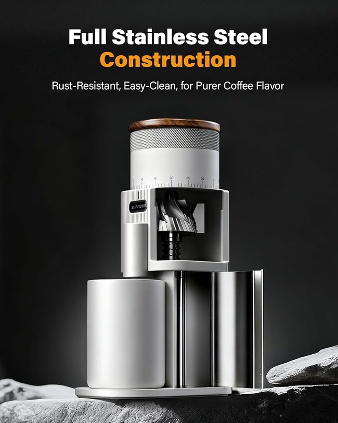 SHARDOR All-Metal Single-Dose Coffee Grinder – Quiet DC Motor, Home-use Espresso Grinder, Burr Coffee Grinder, with 80 Settings and an LED Power Display，White
