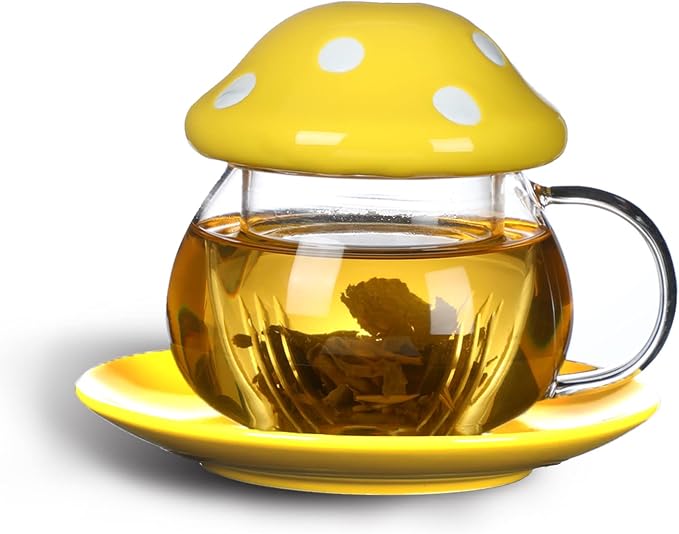 Mushroom Cup Cute Glass Tea Cup with Infuser and Lid Kawaii Mushroom Mug Set Coffee Teapot with Ceramic Coasters 11oz (Yellow)