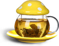 Mushroom Cup Cute Glass Tea Cup with Infuser and Lid Kawaii Mushroom Mug Set Coffee Teapot with Ceramic Coasters 11oz (Yellow)