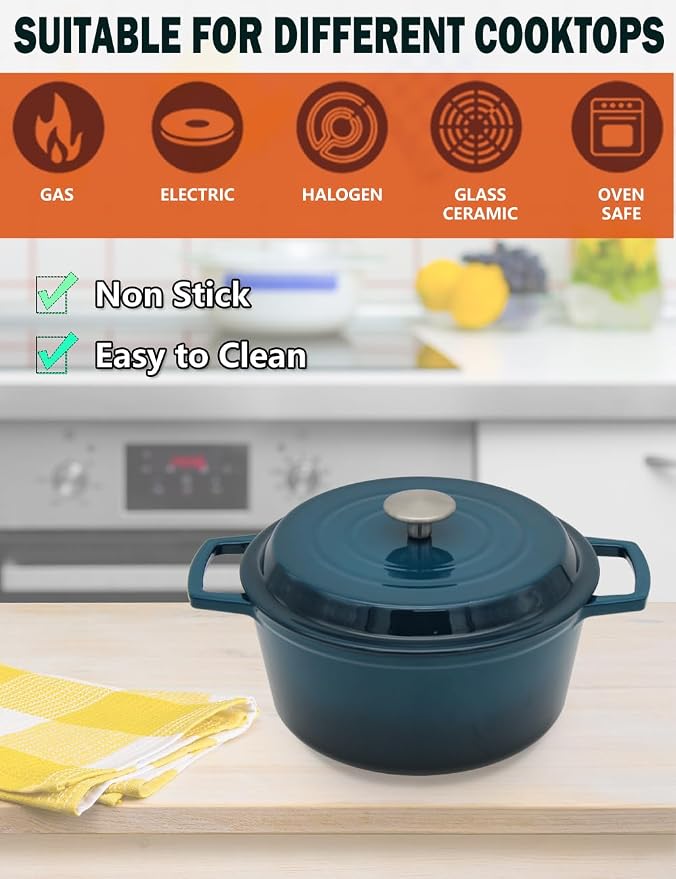 4.2 Quart Cast Iron Dutch Oven with Lid - Enameled Non-Stick Interior, Oven Safe to 500°F, Multi-Stovetop Compatible - Navy Blue