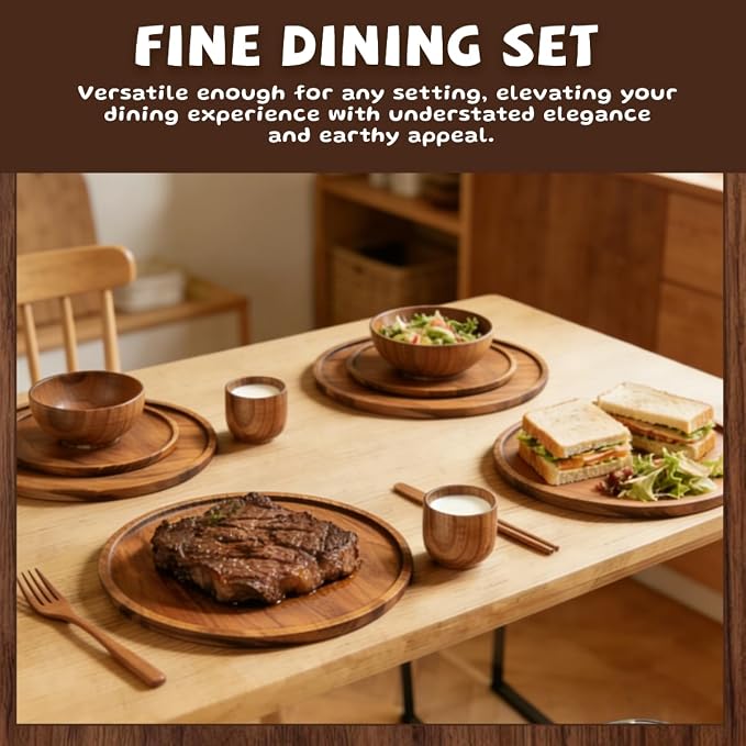 Wood Dinnerware Set,8 Inch 10 Inch Round Plates,Bowls and Cups,16 Pcs | 4 Person Wooden Dinner Ware Set,for Meals,Snacks and Desserts