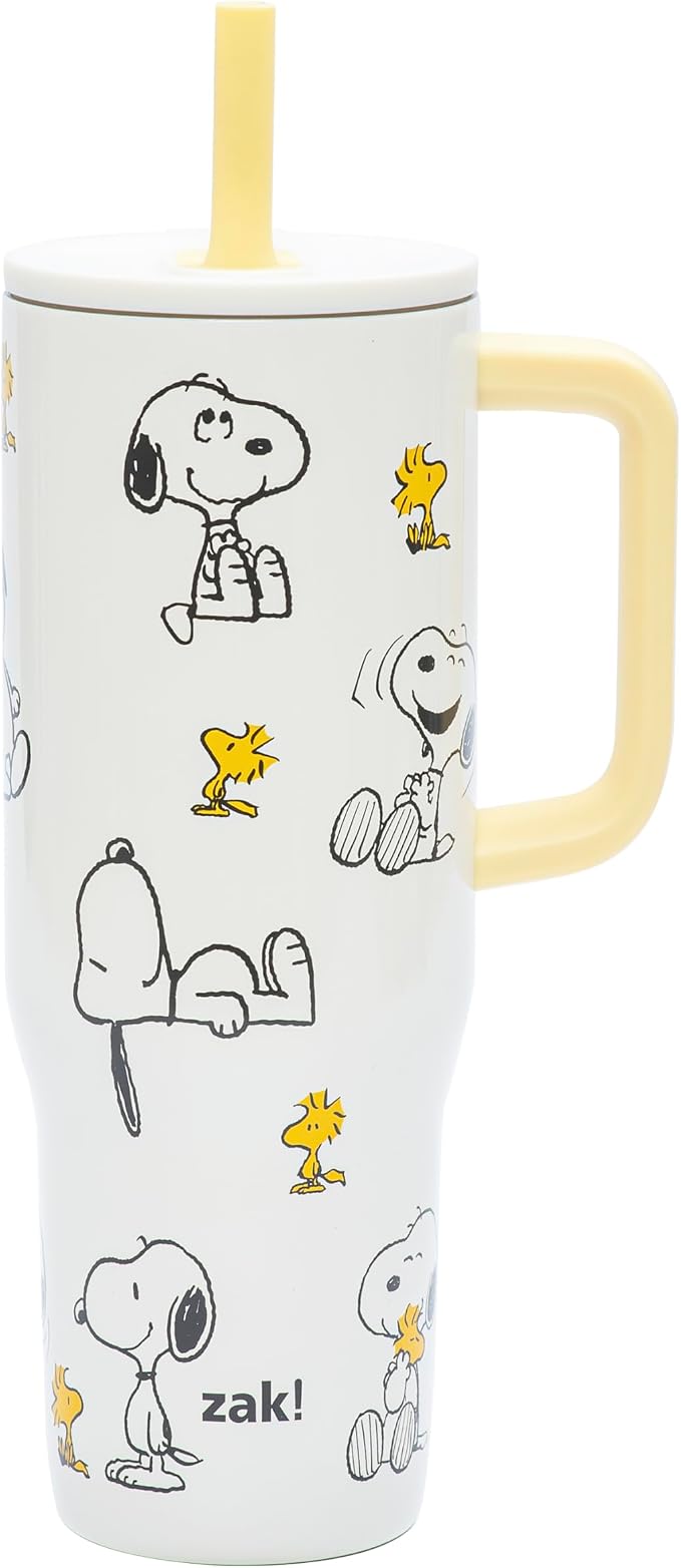 Zak Designs Peanuts Sutton Travel Tumbler for On the Go, 30oz Stainless Steel with Vacuum Insulation, Silicone Straw, and Carry Handle for Cold Drinks, BPA Free (Snoopy & Woodstock)