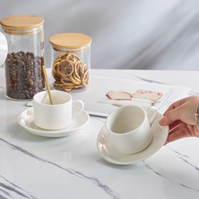 YOLIFE Espresso Cups with Saucers Set and Gold Metal Stand, 4oz Coffee Espresso Cups Set of 6, Ceramic Expresso Shots Cup with Stand & Saucers, White