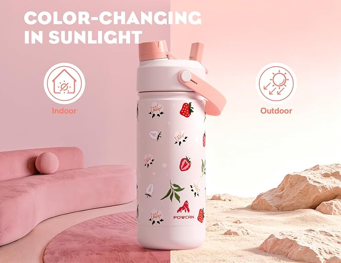 18 oz Kids Water Bottle: Leakproof, 2-in-1 Straw Spout Lid, BPA-Free, Easy Carry, Keep Cold 24H, Insulated Stainless Steel Cup for Backpack, Sports, Camping, Trip, Gift, Home (Sun-Kissed Strawberry)