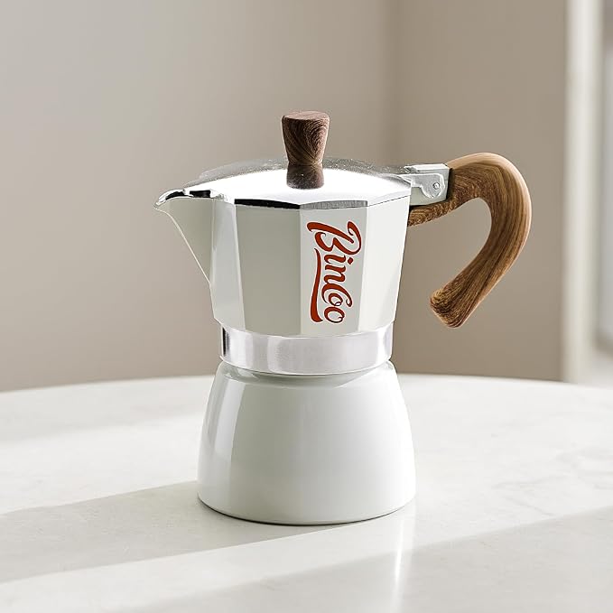 Bincoo Espresso Maker Stovetop, Moka Pot 3 Cups, Espresso Pot Classic Italian Coffee Maker,Single Safety Valve (White, 3 Cup)