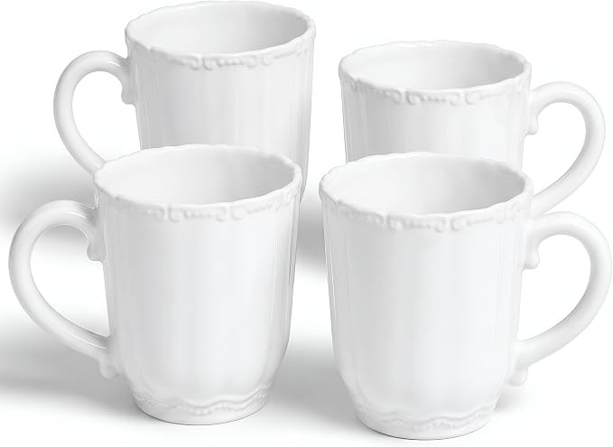 SANGO Bethany White Mugs Set of 4, 12 oz Stoneware White Coffee Mugs, Vibrant Ceramic Drinkware for Coffee, Tea or Cocoa, Durable Everyday Cups, Dishwasher & Microwave Safe, Kitchen Mug Set