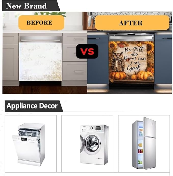 Owl Dishwasher Door Front Magnetic Cover,Pumpkin Magnet Sticker Sunflower Refrigerator Panel Decal,Christian Halloween Dishwasher Decoration Front Door Cover,Home Appliance Sticker,23"x26"