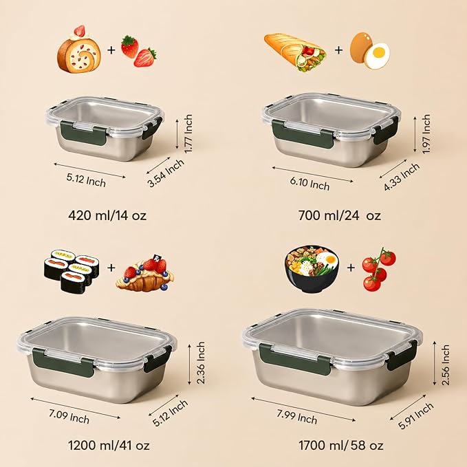 8 PCS Stainless Steel Lunch Box, 4-Size (58 /41 /24 /14Oz) Stackable Metal Bento Boxes BPA Free Dishwasher Safe, Food Storage Containers, Leakproof Reusable Meal Storage for Work,Travel (Gray)