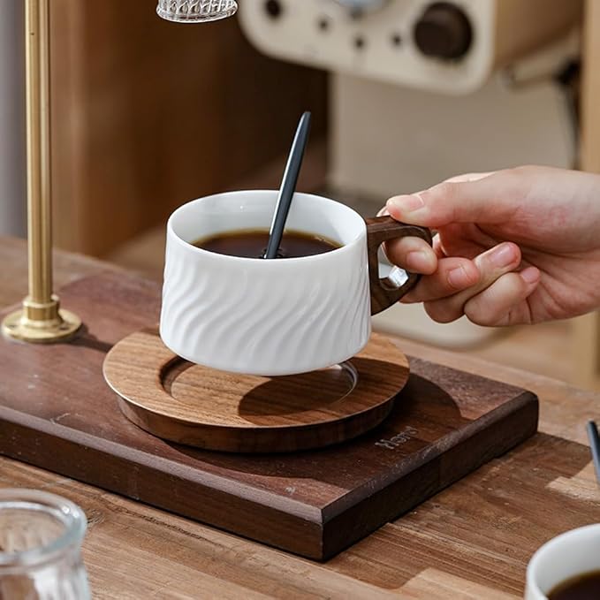 5oz/150ml Cappuccino Cup and Saucer Set, White Porcelain Cup with Walnut Wood Saucer, Espresso Coffee Mug, Couple Cups set of 2 with gift box (SYJ-TCG005)