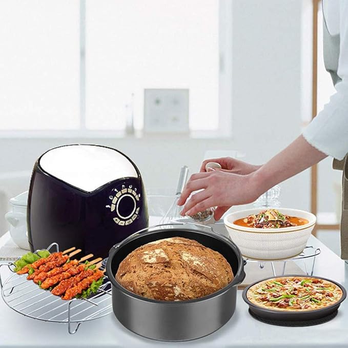 Air Fryer Accessories Set of 7 with 8 Inch Egg Bites Mold, Pizza Pan, Cake Barrel, Skewer Rack, Silicone Mat for 3.5Qt-5.8Qt Phillips Nuwave Gowise Gourmia Ninja Dash Air Fryer