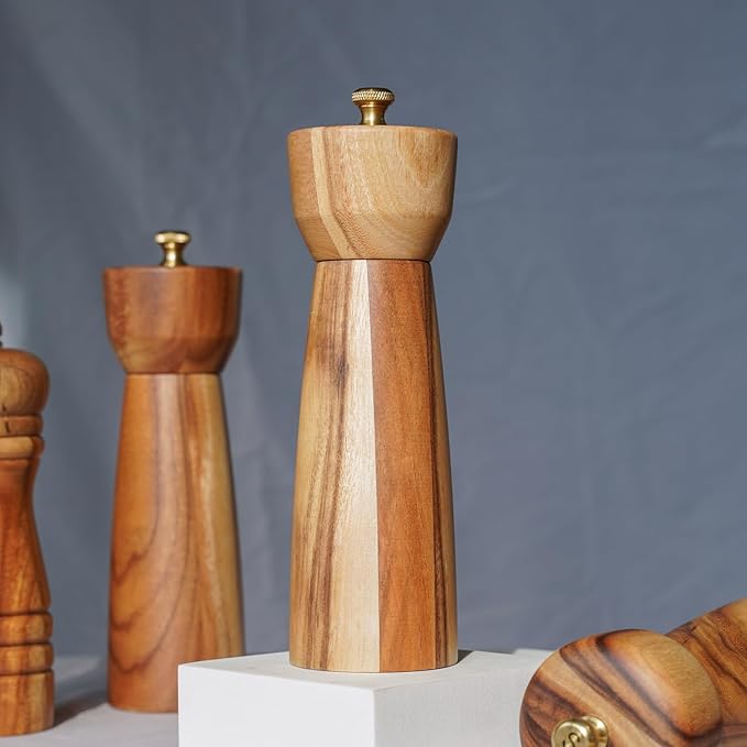 Pepper Grinder, Pepper Mill with Adjustable Stainless Steel, Acacia Wood, 20.5 cm/8 inch Height, Bottom Dia: 6 cm/2.36 inch (Tray is NOT Included)