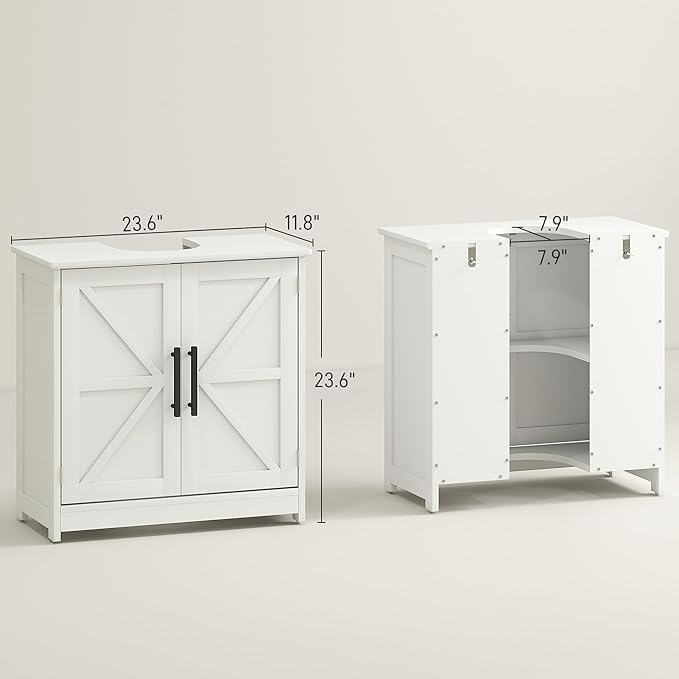 HOMCOM Pedestal Sink Storage Cabinet, Farmhouse Freestanding Bathroom Sink Cabinet with 2 Barn Doors and Adjustable Shelf, White