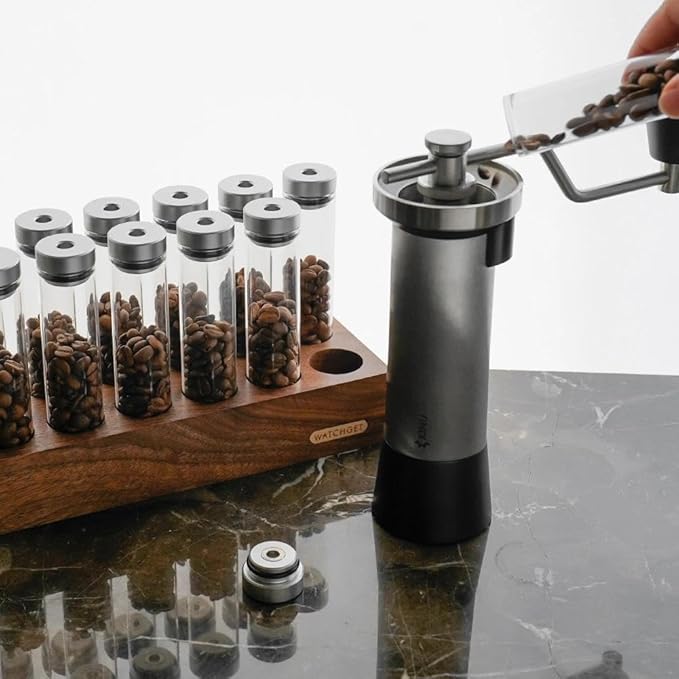 watchget 12-Piece Single Dose Coffee Bean Storage Tubes Coffee Storage Container with One-Way Exhaust Valve, Glass Vials with Walnut Wood Base And Funnel