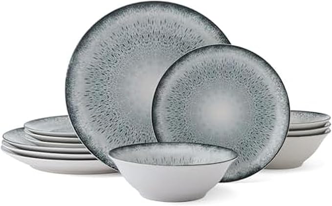 Mikasa Matteo 12 Piece Dinnerware Plate Bowl Set, Servie for 4, Gray