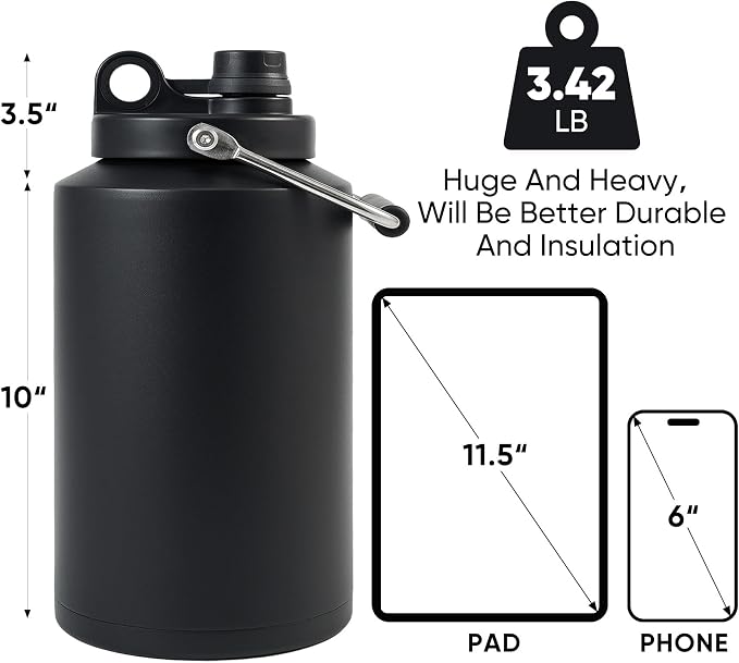 Kerilyn Insulated Gallon Jug with Handle, One Gallon, 128oz Stainless Steel, Large Double Vacuum Water Bottle for Hot & Cold Drinks, Wide Mouth, Sweat Proof, Great for Travel, Camping, Black