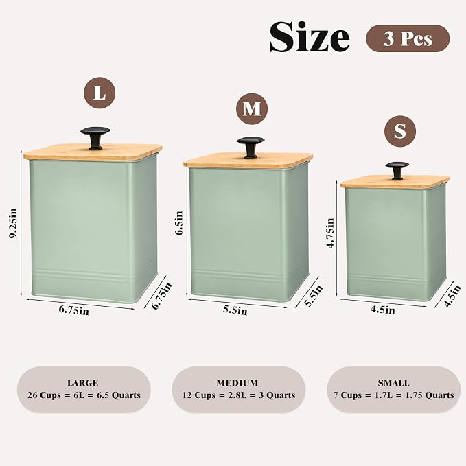 Kitchen Canisters Set of 3, Metal Flour Sugar Storage Containers with Airtight Lids-Canisters Sets for Kitchen with Customizable Chalkboard Labels & Marker Pen-Spice, Coffee Storage Jars(Saga Green)