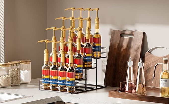 kimilus 16 Bottle Capacity Coffee Syrup Organizer 4 Tier Coffee Syrup Stand Shelf for Coffee Bar Kitchen Small Wine Rack for Bar Family Storage for Syrup Wine Dressing