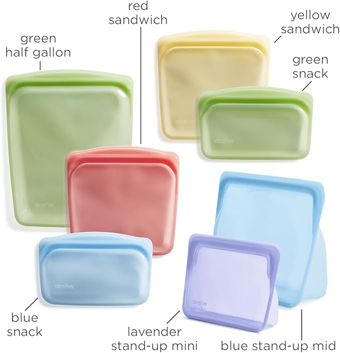Stasher Premium Silicone Reusable Food Storage Bags, 7-Pack, Rainbow, Multi-Use Food Storage Bags, Lunch Bag, Travel Containers, BPA Free, Leak-free, Dishwasher-Safe, Eco-friendly | Reusable Food Bags