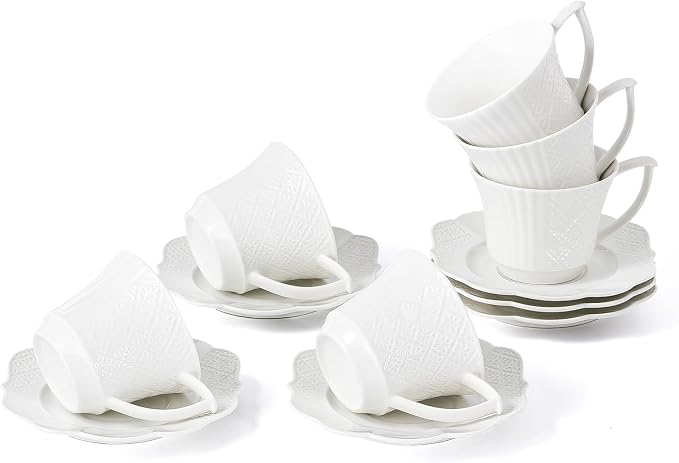 12 Pieces 6 oz Tea Cup and Saucer Set, Cappuccino Latte Americano Coffee Cup with Saucer Set of 6, Espresso Double Shot Cup, New Bone Porcelain Embossment Tea Cups, for Cafe Kitchen, Gift Idea, White