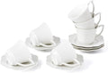 12 Pieces 6 oz Tea Cup and Saucer Set, Cappuccino Latte Americano Coffee Cup with Saucer Set of 6, Espresso Double Shot Cup, New Bone Porcelain Embossment Tea Cups, for Cafe Kitchen, Gift Idea, White
