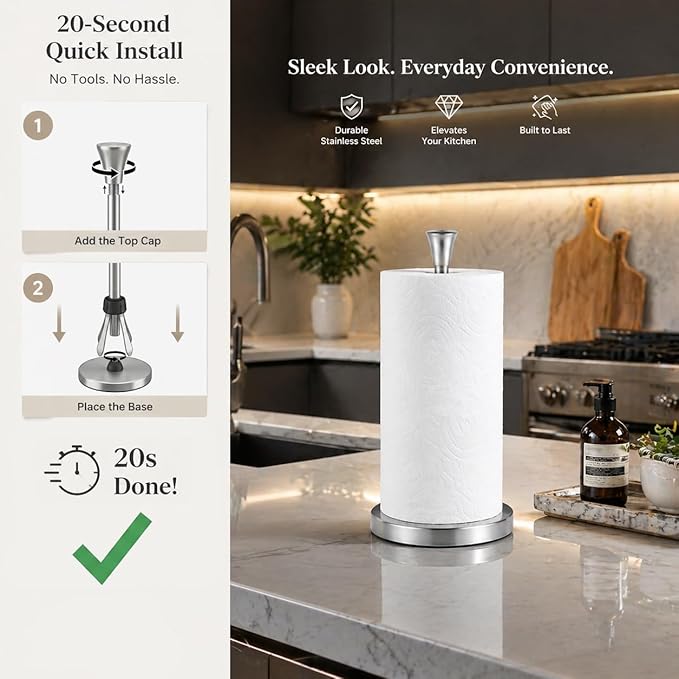 Paper Towel Holder Countertop with Suction Cups - Heavy Duty (2.9 lbs) Stainless Steel Paper Towel Dispenser, One-Hand Tear for Kitchen, Fits Standard & Mega Rolls