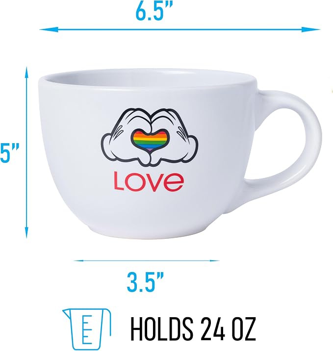 Silver Buffalo Disney Mickey Mouse Hands in Shape of Heart Rainbow Pride Love Ceramic Soup Mug, 24 Ounces