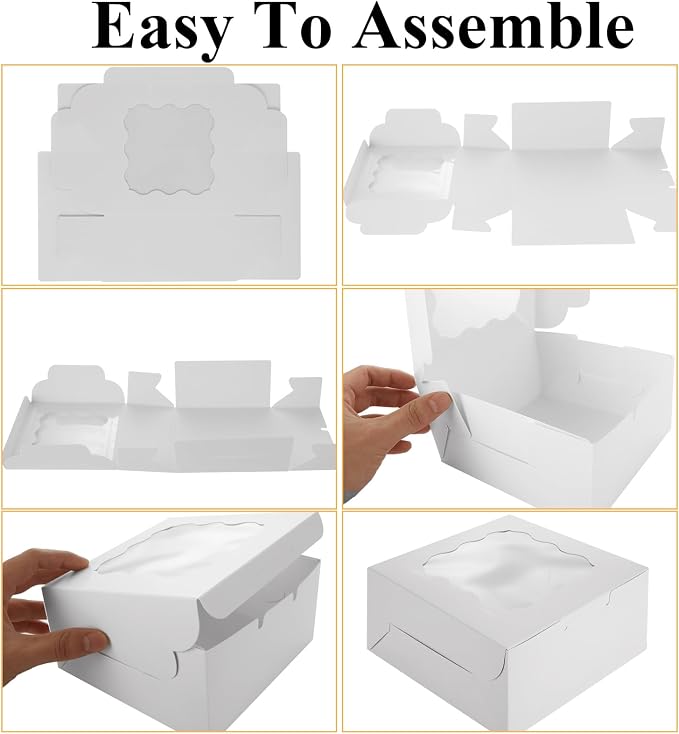 QTLCOHD 100 Pack 6 x 6 x 3 Inch Bakery Boxes with Window | White Cookie Boxes Bulk for Dessert, Cupcake, Pastry, Cookies, Treat, Strawberries Chocolate
